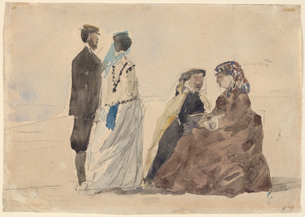 The image is a watercolor painting depicting four individuals. Two individuals are standing on the left, while two others are seated on the right. One standing person is a man, looking leftward at a woman standing beside him. The man is wearing a black suit and a hat. The woman is facing the man and is wearing a white dress with a blue accent and a matching hat with a blue veil. On the right, two seated women are wearing long dresses and hats, with one in a brown dress and a colorful hat, and the other wearing a dark dress with a yellow shawl. Details of their faces and hair are minimal, and they are set against a light background.