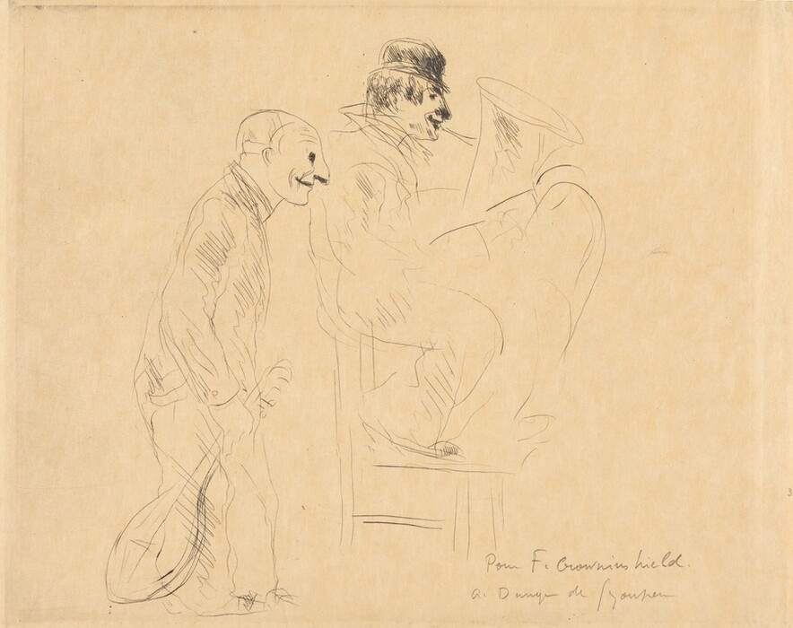 The image features a sketch of two men from mid-body up. On the left, a man stands hunched forward with hands clasped behind his back. On the right, a man sits slightly higher. The man on the left has a bald head and a mustache, dressed in what seems to be a suit or jacket. The man on the right has short, dark hair, a cap, and a mustache. He appears to be holding a large brass instrument, likely a tuba. The background is a clear, beige surface, with cursive writing at the bottom right.