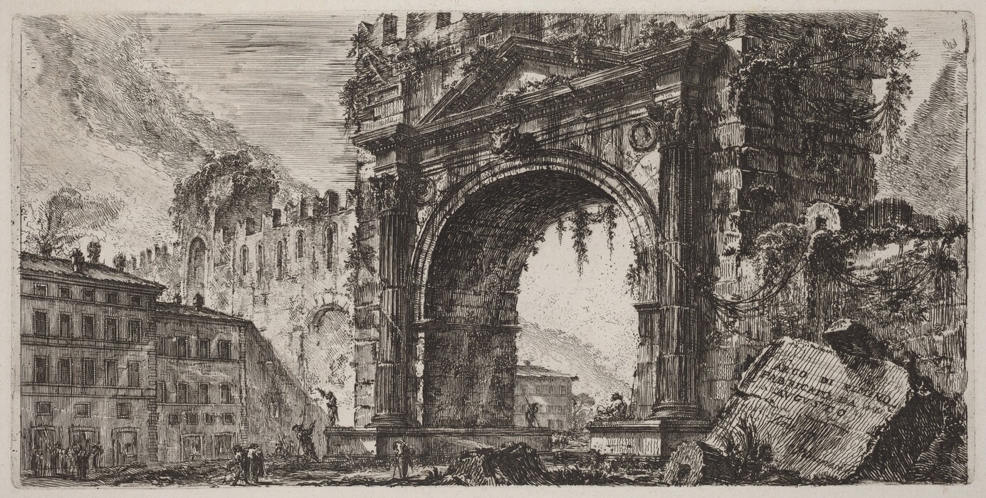 The image shows an ancient architectural ruin with a dominating arch and intricate details. More structures are visible in the background, continuing the historic setting. The artistic style features detailed etching lines and a monochromatic palette. Small figures and sections of the ruin suggest scale and add life to the scene. The overall visual impact is dramatic and atmospheric, capturing the beauty of the ancient monument against the urban environment.