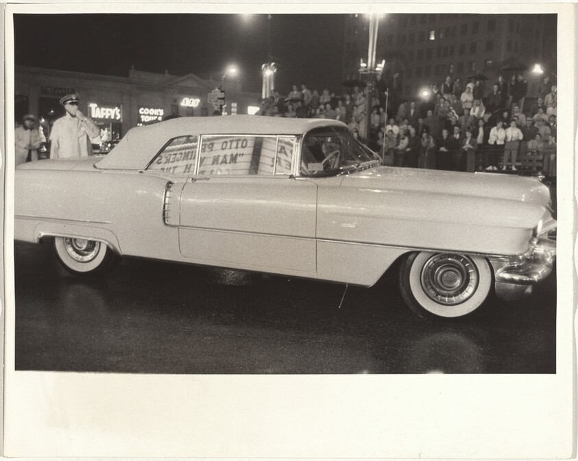 Automobile outside movie premiere, "Man with the Golden Arm"--Hollywood
