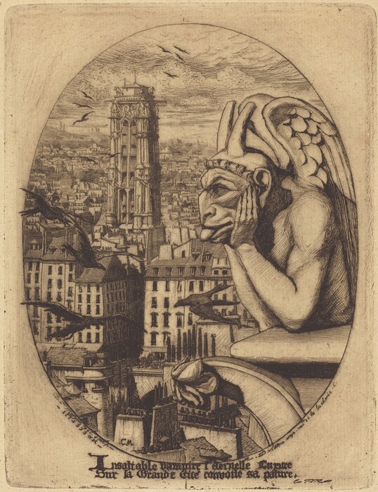 This is a drawing of a cityscape with a gargoyle. The gargoyle is perched on a ledge overlooking a densely populated city with various buildings and a tall cathedral in the background. Birds are seen flying above the city. The gargoyle has wings and a serious expression, emphasizing its overseeing role. The architecture suggests a historic style, possibly Gothic. The perspective creates depth, leading the eye from the foreground to the distant tower.