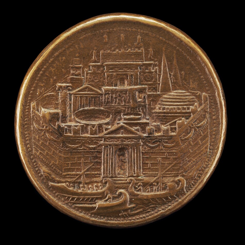 The sculpture is a round medallion featuring a relief of an architectural structure resembling a classical building or cityscape, with columns, domes, spires, and boats at the bottom. It is made of metallic bronze with an aged patina. The medallion is intricately detailed and circular in shape with raised structures creating depth and texture.