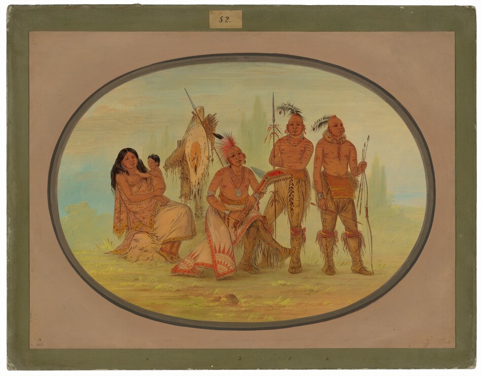 Three men, a woman, and a baby sit or stand facing us in a row in front of a landscape within an oval-shaped painted frame in this horizontal painting. The Osage people have medium-brown skin, and the woman and baby have black hair. To our left, the woman sits on a tree stump and holds the nude child in her lap. Her long hair is loose, and she wears turquoise-colored earrings. Her floral-patterned wrap exposes one breast and comes down to her ankles. She wears tan-colored shoes, perhaps moccasins. The baby reaches for and grabs the woman’s necklaces. To our right, the man closest to the woman sits with his legs crossed, and the other two men stand. All three are bald with feathered headdresses, thick collars and necklaces, earrings, and red shapes and lines painted on their heads and bare chests and arms. They wear tan-colored, slightly baggy pants and knee-high moccasins. The seated man has three silver cuff bracelets and a wrap around his lap. An instrument he cradles in one elbow is long and narrow, and it widens slightly as it reaches a head that angles back from the body. It appears to be made of wood and the top surface painted red. One of the standing men holds a spear and the other bow and arrows. The landscape is faintly painted behind them. The pale green grass and trees meet the watery blue and very pale peach-colored sky about halfway up the composition. The scene is enclosed in a gray oval frame on a shell-pink card mounted on paperboard. A label with the number 52 is affixed at the top center of the board.