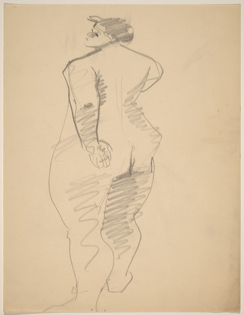 Rear View of Standing Female Nude, Right Arm Bent, Looking Left