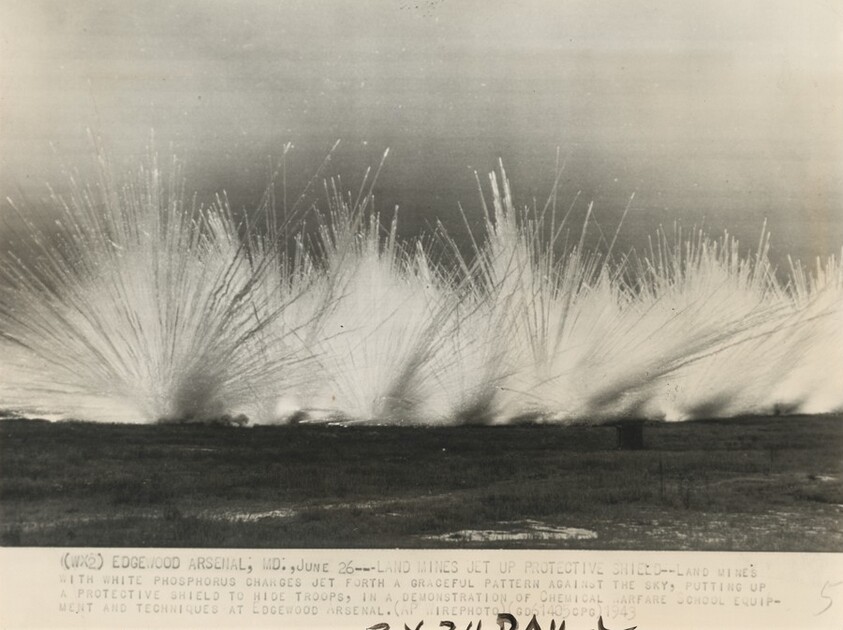 Title from caption on object: “Land Mines Jet Up Protective Shield”