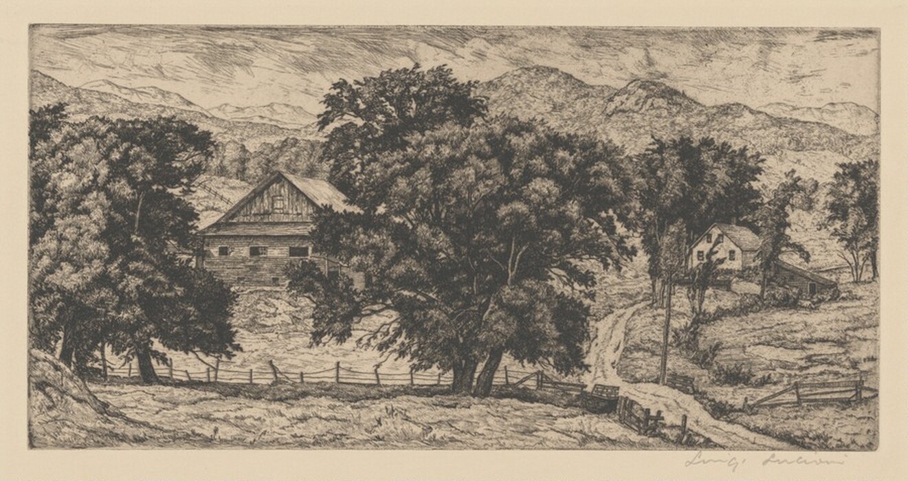 The image depicts a rural landscape with an elevated viewpoint. The horizon is high, showing hills and mountains meeting the sky. The artwork features detailed etching with fine lines and cross-hatching for texture and shading. The color scheme is monochromatic in shades of brown and sepia. A field with a path, trees, a barn, and a farmhouse are visible, leading the eye towards distant hills under a textured sky.