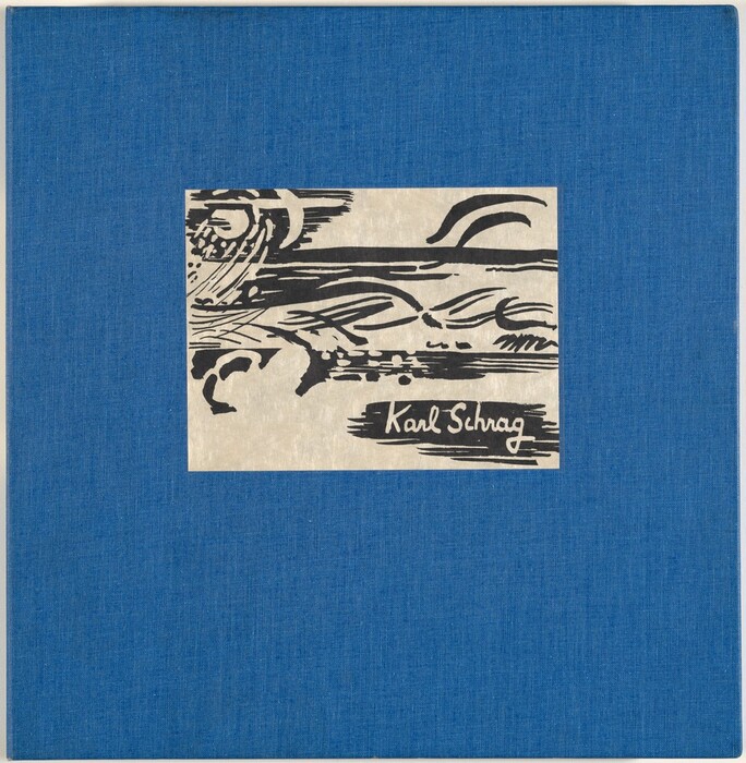 The image shows bold black lines and curves intersecting and flowing across a beige rectangular area on a textured blue background. The design forms an abstract composition. The name "Karl Schrag" is inscribed in the lower right corner of the artwork in a handwritten style.
