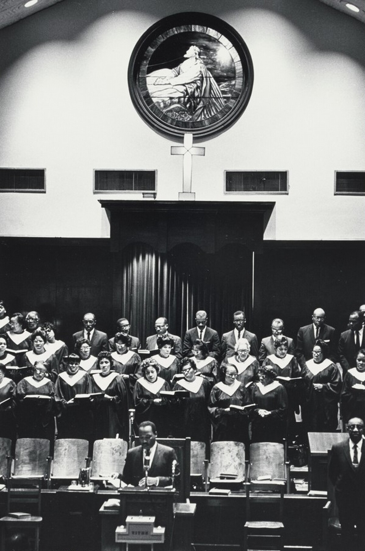 Dr. King at the pulpit of Ebenezer Baptist Church, Atlanta, addressing his congregation