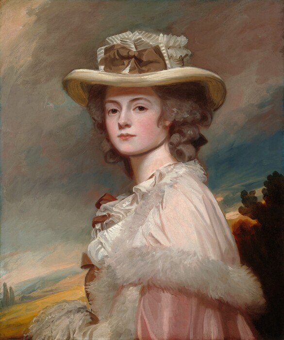 Shown from the waist up in front of a loosely painted landscape, a young woman with pale skin, flushed cheeks, and light brown hair curling softly around her face and neck turns her head to look at us from over her shoulder in this vertical portrait painting. Her body faces our left in profile, and she looks at us with dark brown eyes under arched brows. She has smooth, round cheeks, and her pink lips are closed. She wears a wide brimmed ivory-white, straw hat that casts a shadow across her forehead. At the front of the crown, a tawny-brown bow is set against a ribbon striped with dove gray and white. A sheer, white cape edged with feathers or fur drapes over the shoulders of her rose-pink, satin dress. Ruffles along her chest appear to be tied with fawn-brown bows. A white, textured area near the bottom edge of the canvas suggests that her hands are clasped in front of her waist in a muff. Behind her, a harvest-gold hillside rises to a band of pine-green trees along the right edge of the composition. Filling most of the background, the opalescent sky has pewter-gray clouds angling across a pale blue sky.
