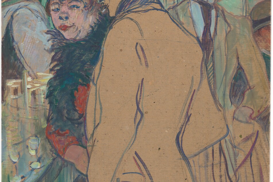 A man and two women standing near a bar nearly fill this vertical painting. Though made with oil on cardboard, the paint is applied in thin strokes, so parts of the painting look more like a drawing, and the tan of the cardboard is visible in many areas. Shown from the thighs up at the center of the composition, the man stands with his back to us, looking away from us to our left, almost in profile. The camel-brown of the cardboard acts as the color of his jacket and the skin of his face, which are otherwise delineated with cobalt-blue and violet-purple lines. He wears a dark bowler hat, and a white cigarette dangles in his lips. A few scribbled black lines could suggest a mustache. Hands thrust into his pockets, he looks down at the bar, which a runs along left edge of the composition. Squeezed between the man and the glasses on the bar, a woman wearing a teal-blue feather boa leans one elbow on the bar and looks back at the man from the corners of her eyes. Her skin is rose-pink and she has curly red hair. Her arched, thin eyebrows and snub nose are set in a round face with a double chin, and her crimson-red lips are pursed. She wears a ruby-red dress or coat and a turquoise-blue, wide-brimmed hat with bubblegum-pink ribbons or feathers. Two small, stemmed glasses sit on the bar in front of the man and woman. Behind the bar, along the left edge of the painting, a man wears a dark vest over a shirt with sky-blue sleeves. A light cloth lies over the shoulder closer to us and he has dark hair. The rest of his features are lost behind the woman’s hat. To our right, beyond the man’s shoulder, a woman stands with her body facing us as she tips back and looks off to our right. She wears a long, black tie over a pale blue, high-necked shirt. One hand is tucked into a pocket on the front of her jacket, which is streaked with mint green over the brown cardboard. Loosely painted vertical stripes below her waist suggests she wears a skirt, indicating this is a woman, though it might otherwise be difficult to tell. She wears a low, royal-blue cap with an emerald-green feather curling up from the back over a cloud of yellow hair. Only the gray bowler hat, ruddy skin around the ear, and a teal-green jacket of a fifth person are visible between that woman and the right edge of the composition. The wall at the back of the space is tan with shell-pink streaks, and a sign with a red triangle against a turquoise background is cropped by the right edge of the painting. The scene is sketchily painted so features are outlined with blue or brown and filled in with streaks of pale color. The artist inscribed the painting in the lower right corner, “pour Metenier d'apres son Alfred la Guigne HTLautrec,” with the HTL overlapping to create a monogram.