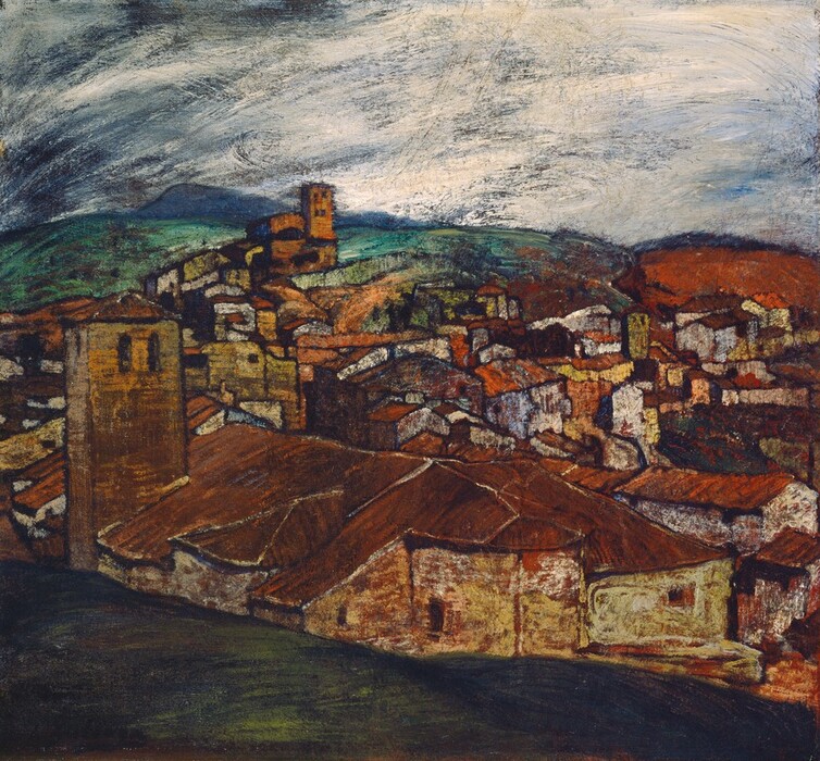 Closely clustered buildings with warm white or golden-yellow walls and terracotta-brown and red roofs nestle in a valley between emerald-green hills in this square landscape painting. A band of grass stretches across the bottom edge of the canvas so we look over the valley and down onto the roofs. The buildings are outlined in royal blue or ivory white, and the sky above is skimmed with white over a darker blue background. The scene appears to be thinly painted or scrubbed so layers show through in many areas.