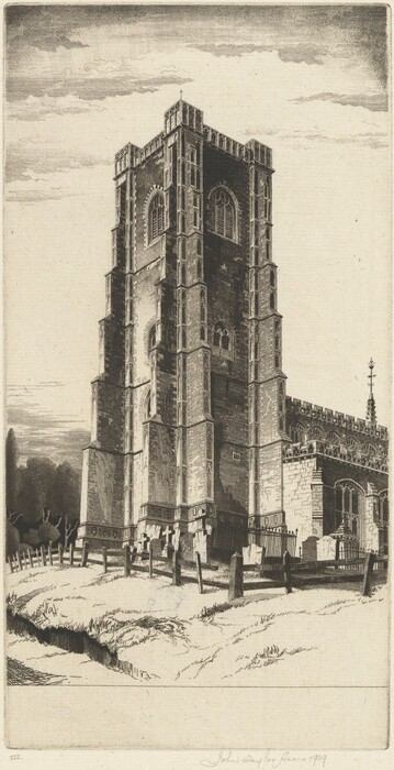 The image shows a Gothic church tower from a slightly low angle. The horizon is positioned low, emphasizing the tower against the sky. Sparse clouds are visible in the sky, enhancing the texture of the scene. The detailed lines give the image a precise quality. The color scheme is monochromatic, with various shades of gray. A path, grassy area, churchyard fence, and gravestones are depicted in the foreground, creating a sense of depth. Tall trees frame the scene in the background.