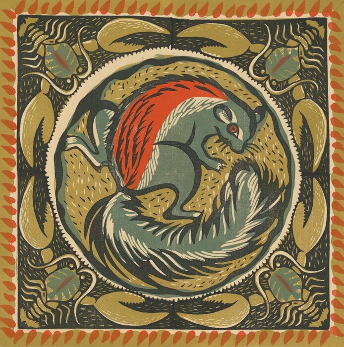 The image shows a circular composition with sinuous, wavy lines encapsulating a central shape resembling an animal, specifically a squirrel with a large, bushy tail. The squirrel's body is depicted in an abstract style with exaggerated curves and a rich color palette of deep green, earth tones, and vibrant red. Four abstract objects reminiscent of leaves or decorative motifs are evenly placed around the circle. The outer border consists of a pattern of repeated teardrop shapes in red against a gold background, framing the scene.