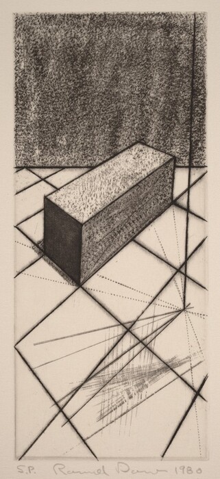 The image displays intersecting lines and geometric shapes, with a dominant rectangular block floating on a grid-like surface. The artwork features right angles, overlapping sections, shading on the block, and a stippled background. The composition creates an impression of depth and perspective, reminiscent of a technical drawing or blueprint.