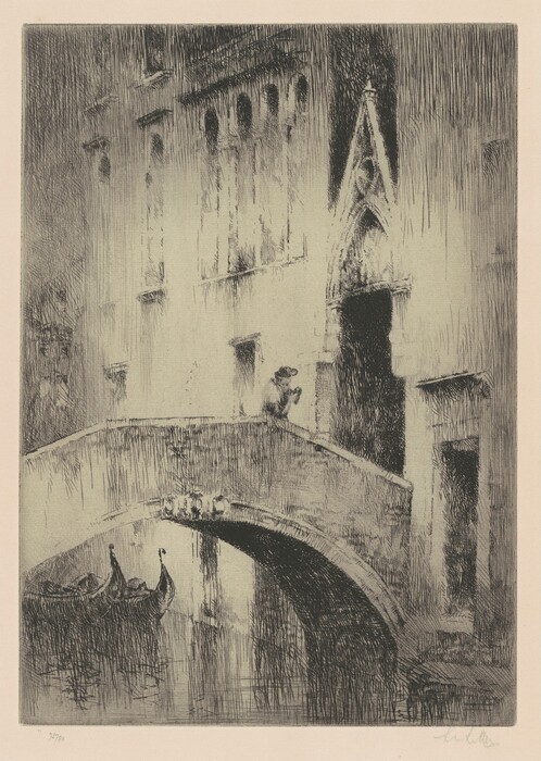 The image shows a bridge over a canal in a historic European city. The bridge skews slightly upward from left to right, with a figure standing on it. Below the bridge, a few gondolas are visible in the water. The architecture above the bridge suggests Gothic influences, with pointed arches and elaborate stonework. The brushstrokes are etched, composed of delicate, closely drawn lines that modulate between light and shadow. The composition is rendered in monochromatic tones, primarily using shades of grey and black.