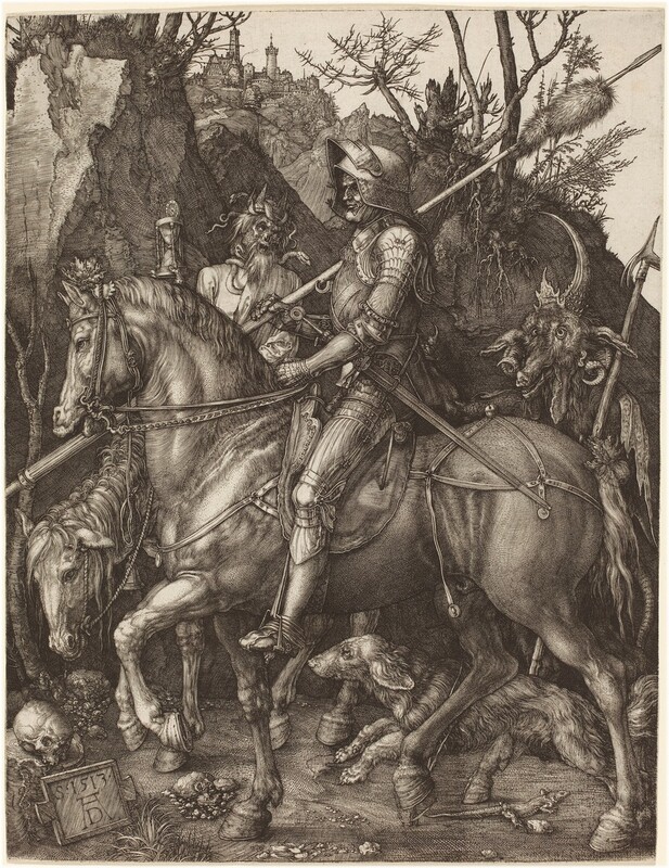 A man wearing a full suit of armor rides a horse on a narrow path alongside a ghoulish, skeletal creature wrapped in snakes and a goat-headed, horned creature, all set again sheer, rocky outcroppings that nearly fill this vertical engraving. The scene is created with fine, black lines built up in hatching and crosshatching to make deep shadows, and is printed on cream-white paper. The armored man rides toward our left in profile with a long lance resting on his right shoulder, farther from us, and the other hand holding the muscular horse’s reins. The lance extends off both sides of the paper and is wrapped with a fox’s tail near the top. The man’s face is wrinkled with deep-set eyes staring straight ahead. He has a prominent, bumped nose and wide mouth closed in a line, with the corner we can see pulled slightly up. The visor of his helmet is pushed up but his eyes are shielded from the creatures beyond the horse by the flaring sides of his helmet. Armor covers every inch of his body, including his hands and feet, and a long sword hangs at his left hip, closer to us. Spanning the width of the composition, his muscular horse walks with one front and one back leg raised and its chin pulled back, also looking straight ahead. A long-haired dog runs in the same direction between the horse’s feet over a lizard scrambling in the opposite direction. Seen between the armored man’s body and his horse’s head, the ghoulish creature at the side of the dirt path wears a spiky crown entwined with a snake and another serpent winds across his shoulders. The creature looks toward the armored man with round, piercing eyes, a hole where the nose should be, and a nearly toothless, gaping maw. He has a long, lanky beard and hair, and he holds up an hourglass topped with a clock-like dial. This creature also rides a horse, whose head hangs close to the ground. To our right, the goat-headed creature looks toward the armored rider with round eyes and its long snout slightly open to show fangs and teeth. Horns curl down to its shoulders and one long, sharp horn, dotted with spikes at the base, curves up and back over the creature’s face. It holds a double-pronged, spear-like halberd like a walking stick. Immediately beyond the group, rocky outcroppings push into the sky. The branches of barren trees and bushes are outlined against the blank, white sky and their craggy roots poke out of the rock. High on a hill in the deep distance is a castle complex or town. A plaque near a human skull resting on a tree stump in the lower left corner has the date of the print and the artist's monogram. "S. 1513" is followed by a "D" between the long legs of a capital "A."