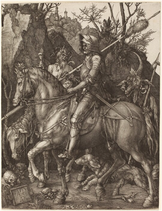 A man wearing a full suit of armor rides a horse on a narrow path alongside a ghoulish, skeletal creature wrapped in snakes and a goat-headed, horned creature, all set again sheer, rocky outcroppings that nearly fill this vertical engraving. The scene is created with fine, black lines built up in hatching and crosshatching to make deep shadows, and is printed on cream-white paper. The armored man rides toward our left in profile with a long lance resting on his right shoulder, farther from us, and the other hand holding the muscular horse’s reins. The lance extends off both sides of the paper and is wrapped with a fox’s tail near the top. The man’s face is wrinkled with deep-set eyes staring straight ahead. He has a prominent, bumped nose and wide mouth closed in a line, with the corner we can see pulled slightly up. The visor of his helmet is pushed up but his eyes are shielded from the creatures beyond the horse by the flaring sides of his helmet. Armor covers every inch of his body, including his hands and feet, and a long sword hangs at his left hip, closer to us. Spanning the width of the composition, his muscular horse walks with one front and one back leg raised and its chin pulled back, also looking straight ahead. A long-haired dog runs in the same direction between the horse’s feet over a lizard scrambling in the opposite direction. Seen between the armored man’s body and his horse’s head, the ghoulish creature at the side of the dirt path wears a spiky crown entwined with a snake and another serpent winds across his shoulders. The creature looks toward the armored man with round, piercing eyes, a hole where the nose should be, and a nearly toothless, gaping maw. He has a long, lanky beard and hair, and he holds up an hourglass topped with a clock-like dial. This creature also rides a horse, whose head hangs close to the ground. To our right, the goat-headed creature looks toward the armored rider with round eyes and its long snout slightly open to show fangs and teeth. Horns curl down to its shoulders and one long, sharp horn, dotted with spikes at the base, curves up and back over the creature’s face. It holds a double-pronged, spear-like halberd like a walking stick. Immediately beyond the group, rocky outcroppings push into the sky. The branches of barren trees and bushes are outlined against the blank, white sky and their craggy roots poke out of the rock. High on a hill in the deep distance is a castle complex or town. A plaque near a human skull resting on a tree stump in the lower left corner has the date of the print and the artist's monogram. "S. 1513" is followed by a "D" between the long legs of a capital "A."