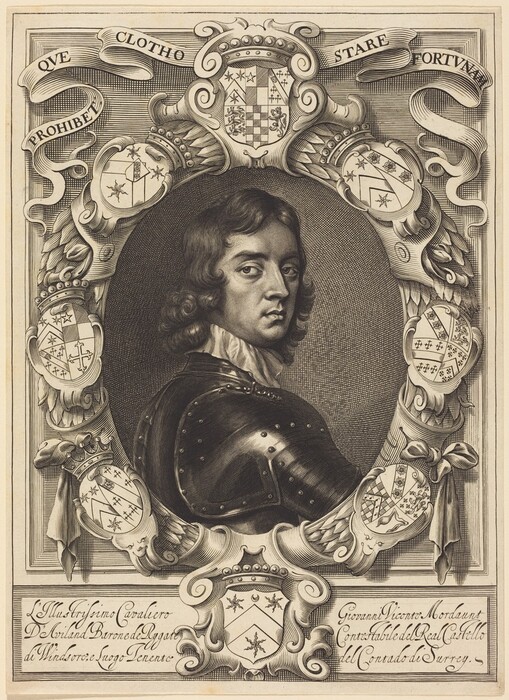 The image displays an engraving of a man in armor with long hair, a firm expression, and a white collar. The ornate frame includes a heraldic border with various crests, swirling patterns, and ribbons. The script at the bottom identifies the man as "Giovanni Viccaro Mordant, Constable of the Royal Castle of Surrey."