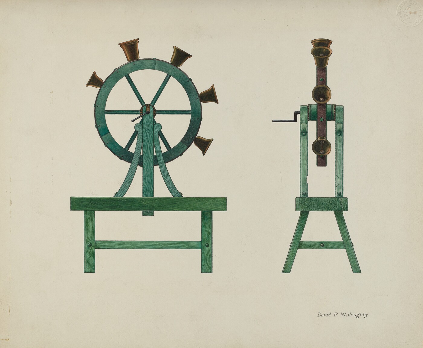 This is a painting of two mechanical devices with trumpet-like horns. One device is circular with horns attached around the perimeter on a rotating frame. The other device has a vertical stacked arrangement of horns on a wooden frame. Both devices are made of green painted wood and metal elements. The background is plain.