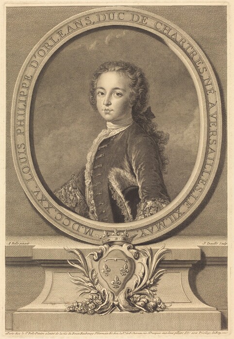 The image portrays a young boy from the waist up, facing slightly to his left. He has a round face, soft cheeks, curly hair with a parting and a bow, and a calm expression. He wears a detailed coat with decorative buttons, lace cuffs, fur trimming, and intricate patterns. The oval frame around him has an inscription, and below the portrait is an ornate base with a coat of arms with three fleur-de-lis, surrounded by floral motifs and a crown. The background is plain.