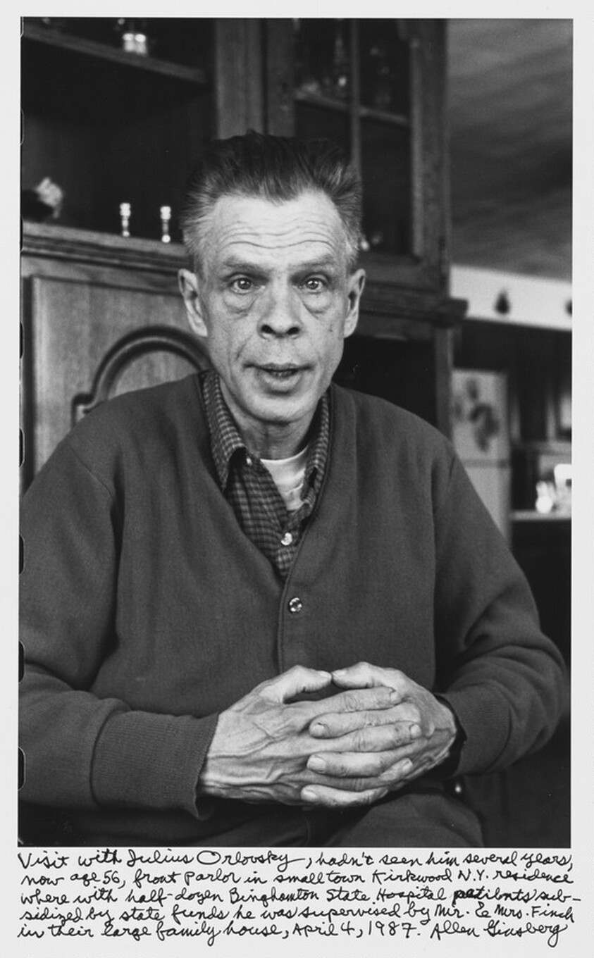 Visit with Julius Orlovsky, hadn't seen him several years, now age 56, front parlor in small town Kirkwood N.Y. residence where with half-dozen Binghamton State Hospital patients subsidized by state funds he was supervised by Mr. & Mrs. Finch in their large family house, April 4, 1987.