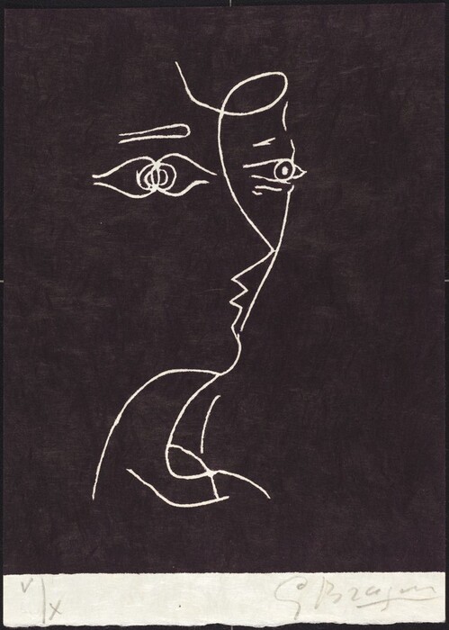 The image shows white lines on a dark background, creating an abstract composition resembling a human face with eyes, brows, a nose, and a partially open mouth. The artwork suggests duality and movement with swirling lines around the eyes and mouth.