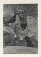 Untitled (Person in air above rocks), American 20th Century, 1940s