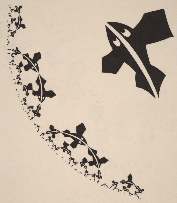 The image shows a series of black shapes spiraling downwards, diminishing in size, resembling a bird with outstretched wings or a stylized airplane. The shapes have a continuous, flowing curvature connecting each form. The image features a large shape on the right and series of progressively smaller shapes forming an arc, suggesting movement similar to a flock of birds or a pattern in flight.