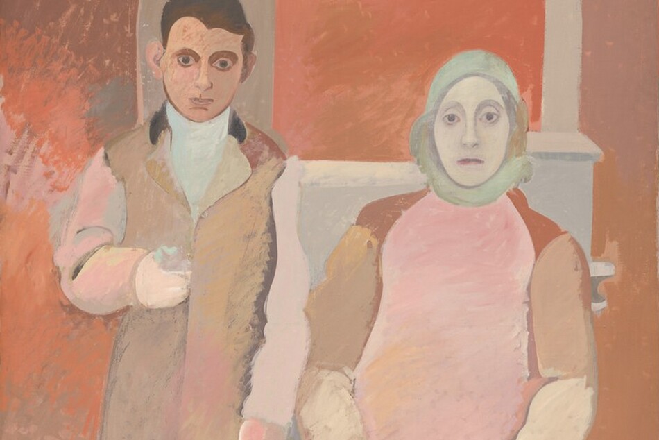A young boy with pink and tan-colored skin stands next to a seated woman with an ashen white face, and both look out at us in this vertical portrait painting. The scene is created with broad areas of mottled color in rust and coral red, pale pink, lilac purple, ivory white, and shades of tawny brown. The eyes of both people are heavily outlined with large, dark pupils. To our right, the woman’s pale, oval face is surrounded by a muted, mint-green cloth that covers her hair and wraps across her neck. Her eyes are outlined with charcoal gray, and her heavy lids shaded under arched brows with smoky, plum purple. She has a straight nose, and her burgundy-red lips are closed in a straight line. Her long, rose-pink dress is lavender purple below the knee, and is scrubbed with darker pink strokes across her lap. Her sleeves are tan on the upper arms and cream white on the forearm, over two blush-pink forms that represent her hands resting on her thighs. Along the top of her shoulders, her dress is terracotta red. A rectangular, fog-gray form behind her could be a chair or a half-wall, the top edge of which is higher to our right of her head. To our left, the boy has dark brown, short hair over putty pink, protruding ears. The area between his eyelid and arched brow is filled in with chocolate brown, giving his staring eyes a hooded look. His jawline, chin, and lips are outlined with dark brown. His khaki-brown, knee-length coat has pale, rose-pink sleeves and a black collar. An area of pale, ice blue could be a kerchief or high-collared shirt, and he wears fawn-brown pants. One of his slippers is coffee brown and the other, closer to the woman, is slate gray. He holds a loosely painted, pale, turquoise-blue object in one hand at his waist. The pair are situated against a background painted in areas of coral, ruby, crimson, and wine red. Two vertical, concrete-gray strips behind the boy and woman could be columns. The floor along the bottom edge of the painting is pale pink.