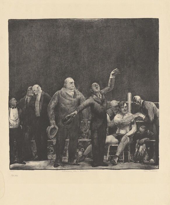 This is a drawing of a group of figures gathered around and near a ring. The image shows a group seated or standing around a central figure who appears to be resting on a chair. This central figure seems to be engaged in an activity, possibly related to sports, suggested by the presence of the ring and attendants. The figures are mostly in formal attire, with visible expressions that imply conversation or action. The scene portrays a moment of intense focus and engagement, captured in rich grayscale, emphasizing expressions and posture against a dark background.