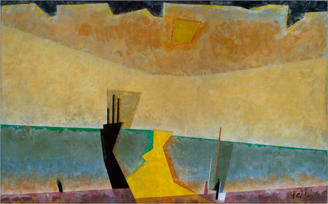 Angular sections of mottled color in muted yellow, teal green, sky blue, mauve purple, and black slice across this abstract, horizontal painting. Four geometric silhouettes in blue, dark pink, and black across the mauve layer lining the bottom edge of the canvas could be tiny people. A black, tower-like structure with three antennae-like projections along the top is next to a triangular buttercup-yellow form, and both are to the left of center. The people and structures are shown mostly against the blue section which is edged along the bottom with fawn brown and along the top with emerald green. The next zone is muted yellow beneath a honey-orange section, in which an irregular square is outlined in pumpkin orange. A jagged edge above is lined in black. The artist signed the painting in the lower right corner, “Feininger.”