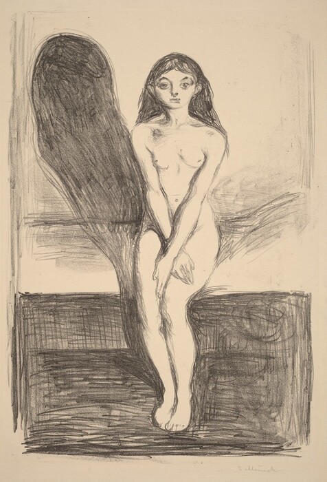 The image depicts a full-length figure of a woman seated and slightly turned to the side. Her head is tilted slightly forward, and her gaze is directed toward the viewer. The woman's facial features are delicately defined, and her long, dark hair falls naturally around her shoulders. She is unclothed and her arms are crossed over her lap. There is no visible jewelry or objects in her hands. The background is composed of dark shading and lines, suggesting a room or an interior space with a shadow extending on the left side. The artistic style is sketchy, focusing on contrast and outline rather than detailed textures.