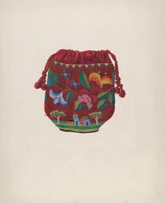 This is a painting depicting a small decorative pouch. The artwork showcases a detailed fabric bag with a vibrant red hue, adorned with colorful floral and pastoral patterns. The lower portion of the bag features an embroidered countryside scene with small houses and trees in shades of blue, green, and yellow. The top of the pouch is decorated with a flower and foliage motif in various colors, including pink, blue, green, and yellow. A red drawstring winds along the bag's edge, adding a tactile element. The painting is centered on a neutral background to emphasize the pouch's intricate design.