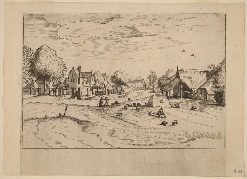 Country Village with Sheep and Sitting Shepherd