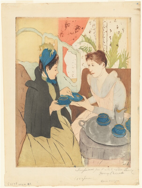 Two women with pale, peachy skin sit next to a table holding a silver tray and royal-blue tea cups and saucers in this colored, vertical etching and aquatint. Faint black lines outline the women, their features, clothing, and objects in the room, and each area is filled in with a flat color. The women face each other and take up most of the composition. Both have oval faces, rounded noses, pale pink lips, and their brown hair is pulled up and back. The woman to our right leans forward as she holds up a blue plate with her right hand, closer to us. The other hand rests on the arm of her tawny-brown chair. Her dress has a petal pink bodice and long skirt with fog-white long sleeves and white fabric covering her chest and tucked into the low, rounded neckline. The other woman’s blue cap has a celery-green feather and is tied in a bow under the chin. She wears a hip-length, black cloak over a pale, sage-green dress. She looks down at the plate and holds what might be a cookie or biscuit with one hand and a cup and a dish-like saucer with the other. Her lips are downturned and her head pulled slightly back to create a double chin. She sits upright in another brown chair. In the lower right corner of the sheet, the round gray table is barely bigger than the round gray tray it holds. On it are two more cups and saucers and a silver jug, presumably holding milk. What might be another cup and saucer set or the teapot is cut off by the right edge of the paper. The rims of the cups and saucers are edged with gold. A very pale, mint-green screen with openings across the top stands to the left behind the second woman, and a window is behind the first. Spiky fronds of a houseplant angle up toward the sunlight, and a coral-pink curtain is pulled to the left side. Squiggles and flowers printed in rust red suggest a pattern on white curtains covering the window and the pink curtain to the left. The wall behind the screen is straw yellow. The artist signed and inscribed the sheet under the lower right corner, “Imprimée par l'artiste et M. Leroy, Mary Cassatt (25 épreuves) serie unique.” A tiny dark blue stamp with a short, wide C overlaid on a capital letter M is inked along the bottom edge of the image, and writing in graphite in the lower left corner of the sheet reads, “E 9539 set of 10 – n 3.”