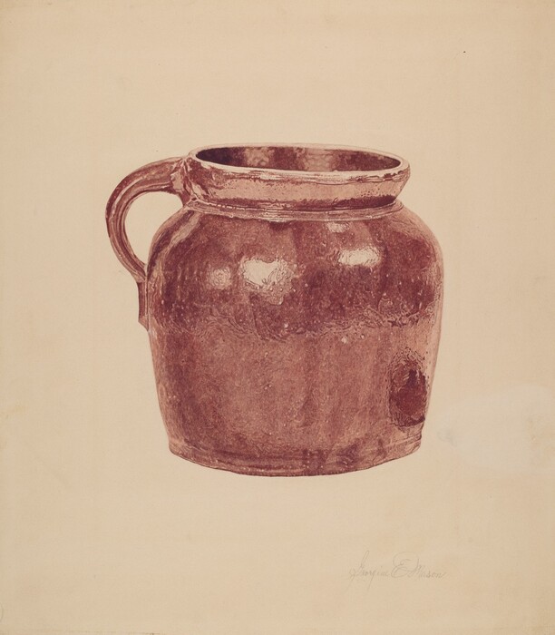 The image shows a large earthenware jar with a single handle on its side. The color palette is mainly shades of brown, giving the jar a rustic look. The handle extends outward from the left side of the jar, while the body of the jar is rounded and sits at the center of the image against a neutral background.