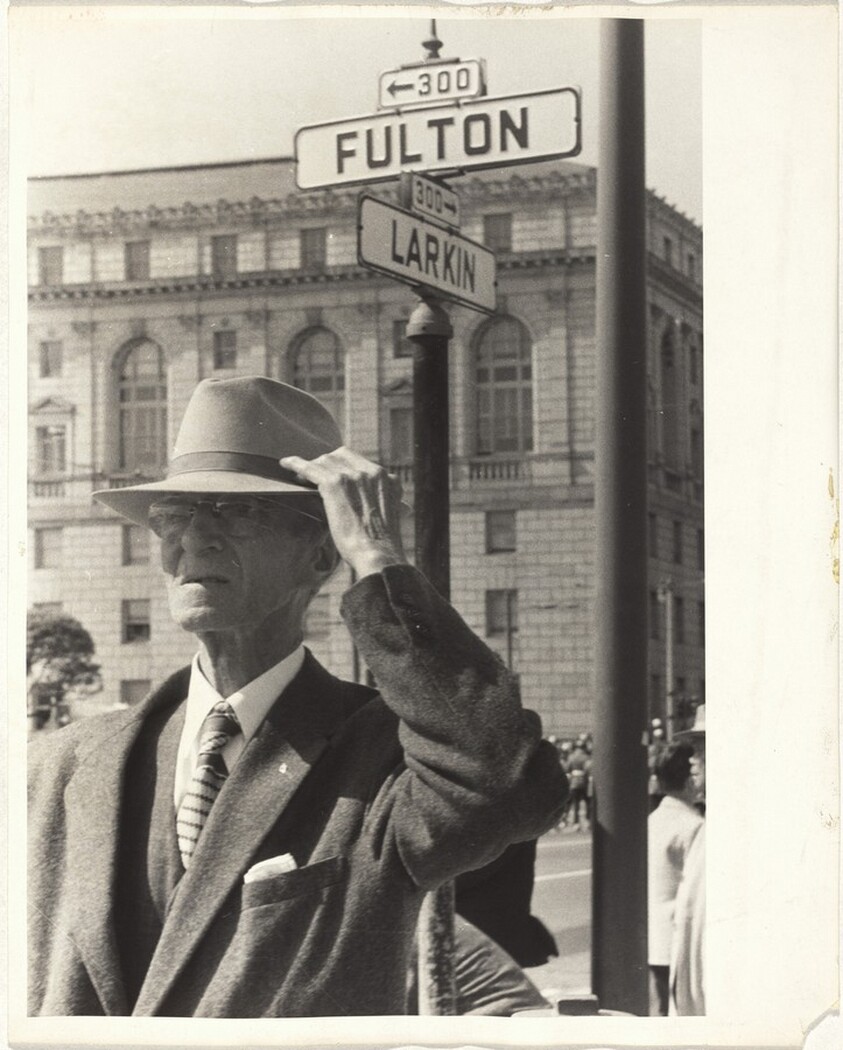 Man at corner of Fulton and Larkin--San Francisco