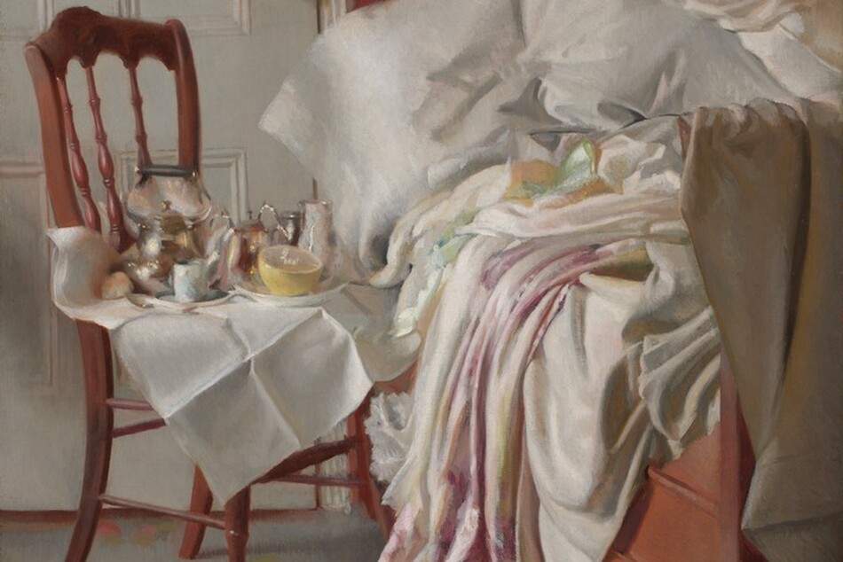 An unmade bed with white sheets and scattered pillows is on the right side of the image. A wooden chair draped with a white cloth and topped with a tea set is nearby, along with a pair of black shoes on the floor. A light illuminates the scene from the top left, casting shadows on the floor.