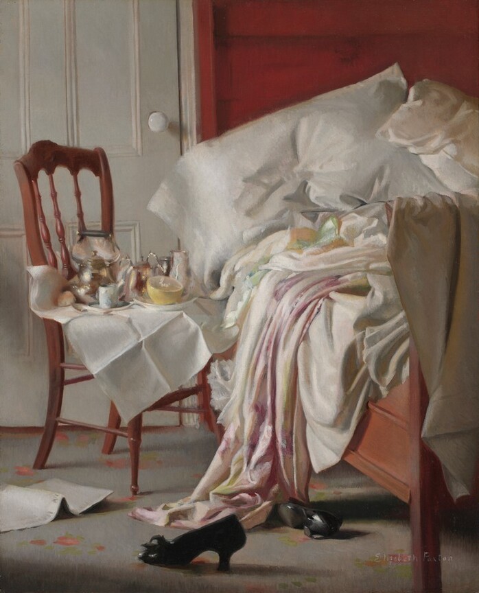 An unmade bed with white sheets and scattered pillows is on the right side of the image. A wooden chair draped with a white cloth and topped with a tea set is nearby, along with a pair of black shoes on the floor. A light illuminates the scene from the top left, casting shadows on the floor.
