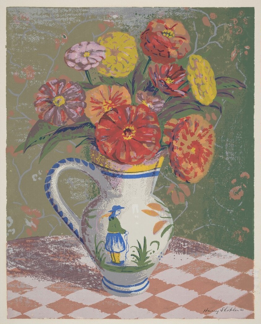 Zinnias in a Quimper Vase