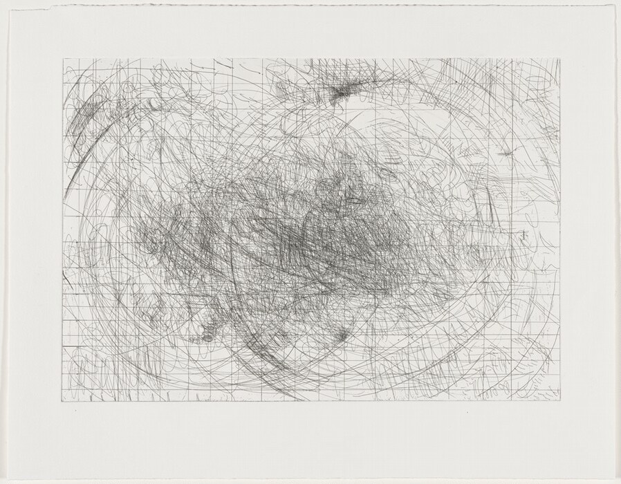 The image shows a mass of swirling and intersecting lines with varying curvature and density. There is a central dark cluster resembling tangled threads of yarn, set against a background grid. The composition appears chaotic and dynamic, hinting at motion and energy within a confined space.