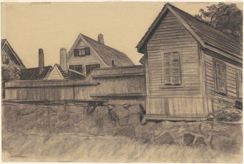 A cluster of houses and a rock wall are sketched with charcoal on tan-colored paper in this horizontal drawing. The rock wall stretches across the bottom of the drawing and fades where it might blend with sand or grass. One house takes up the right third of the picture, and its narrow end rests on or just behind a dip in the rock wall. The windows are shuttered. A wall or fence extends to the left, and the peaks of at least four more roofs, three with chimneys, are outlined against the blank sky. The artist signed the lower left corner, “Edward Hopper.” The number “51.1” is written in the lower right corner.