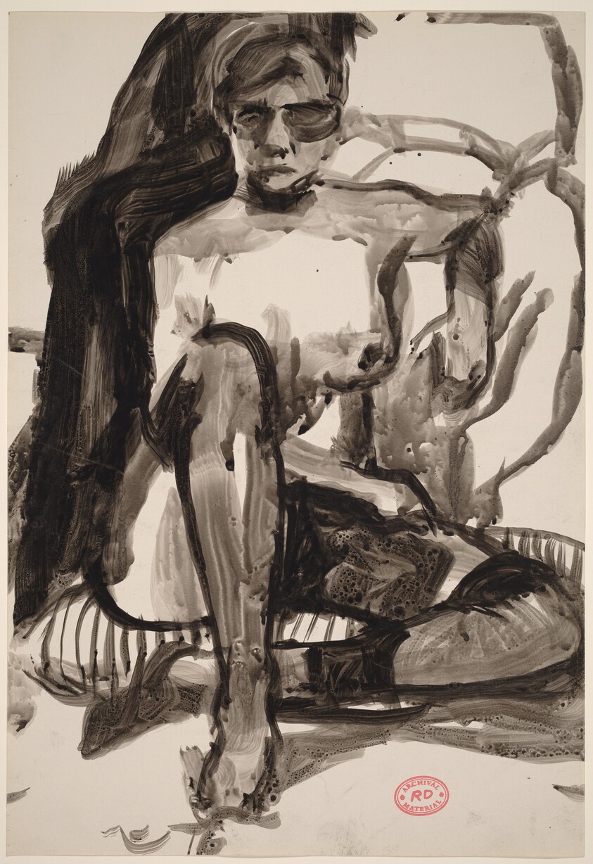 Untitled [female nude in stockings seated on a striped cushion]