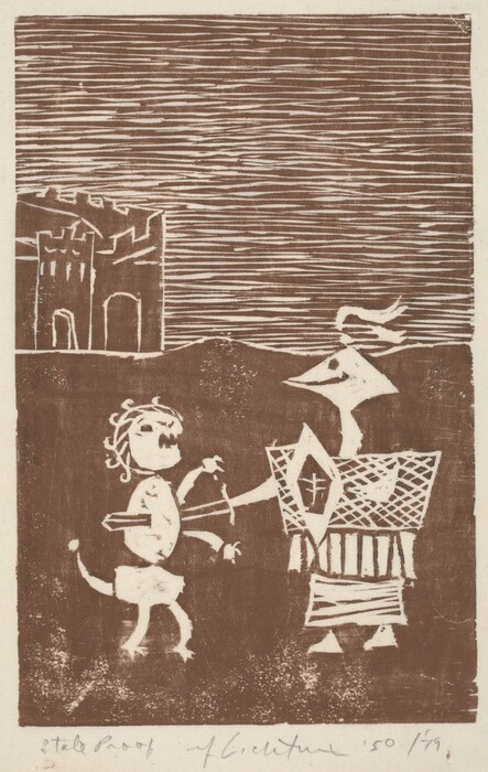 The image features a series of horizontal lines at the top with more defined shapes below. It is an abstract composition with jagged and geometric forms. There are figures that resemble a castle in the background and humanoid shapes in the foreground. One figure on the right has a triangular head and an intricate body, while the figure on the left has a round head, a shield, and a weapon. The style evokes medieval themes such as knights and castles.