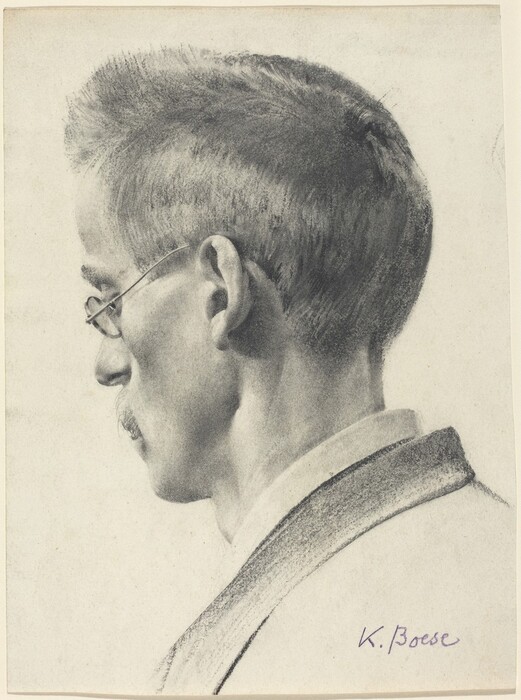 The image depicts a man's profile view, facing left. His facial features include a nose, mustache, and small, wire-framed glasses. His hair is short and neatly combed. He is wearing a light-colored shirt with a collar, and a darker jacket is visible on his shoulder. The background is plain. In the lower right corner, the artist's signature, "K. Boese," is visible.