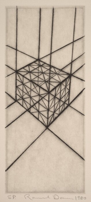 The image shows a cube-like shape interwoven with multiple intersecting diagonal and vertical lines, creating a complex network of smaller triangular and quadrilateral forms within. This abstract representation gives an illusion of a three-dimensional geometric figure receding into space. The arrangement of lines resembles the structural framework of a building or a design reminiscent of wireframe models used in computer graphics.