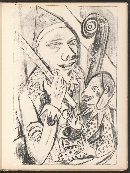 The image displays a composition with angular and curved lines, creating an abstract representation. Shapes include a swirl resembling a musical instrument's scroll and triangular forms resembling a jester's hat. The main figure in the image could be likened to a puppet-like character, with a pointed hat and a collar of pointed shapes, suggestive of a jester or a clown. The artwork features elements such as a marionette being held by a larger figure, associated with puppetry. The combination of sharp geometric patterns and flowing curves contributes to an overall abstract aesthetic, connecting to theatrical and musical themes.
