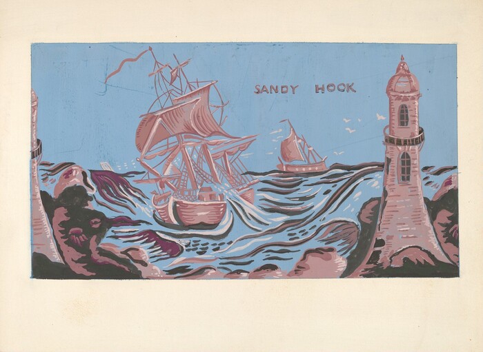 The image displays a seascape with two ships, a lighthouse, and rocks.
