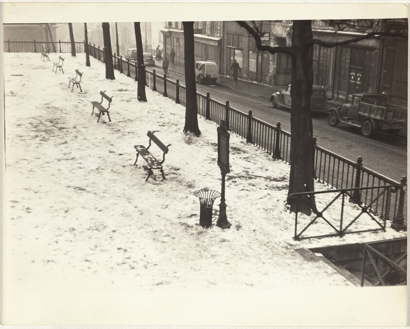 Park benches in snow, Paris
