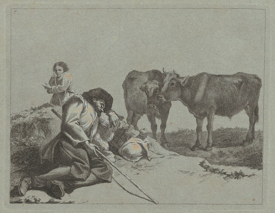 This is a drawing of two cows and two figures in a pastoral setting. The scene depicts two cows standing in a grassy area, with one cow slightly turned towards the other. In the foreground, there is a figure kneeling down, holding a long stick or staff. Another figure stands behind the first one. The landscape is simple, with faint outlines of foliage. The drawing employs a detailed line work technique, suggesting careful attention to texture and shadow.